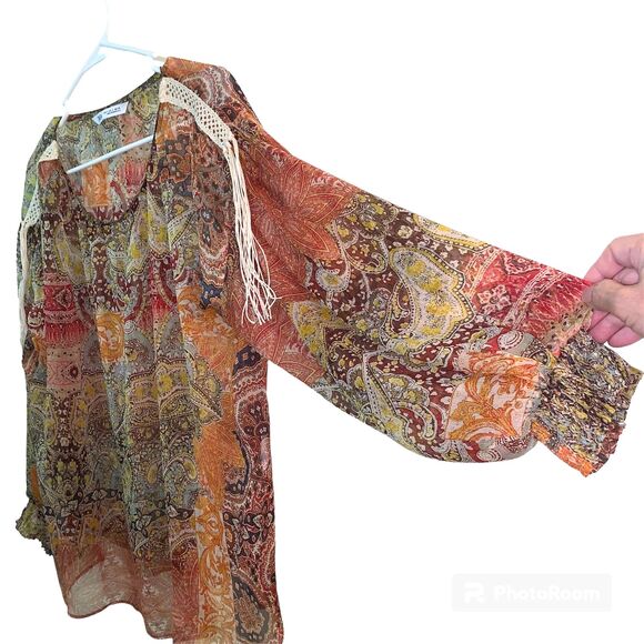 Zara Boho Orange Western Print with Tassel Sheer Tops Size S - Picture 2 of 6